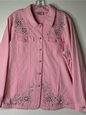 Quacker Factory Cotton Denim Jacket Sz L Pink Rhinestone Embellished Preowned